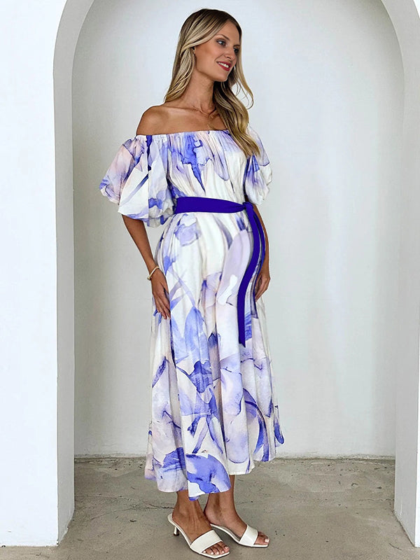 Robe longue grossesse tie and dye ceinture bleu