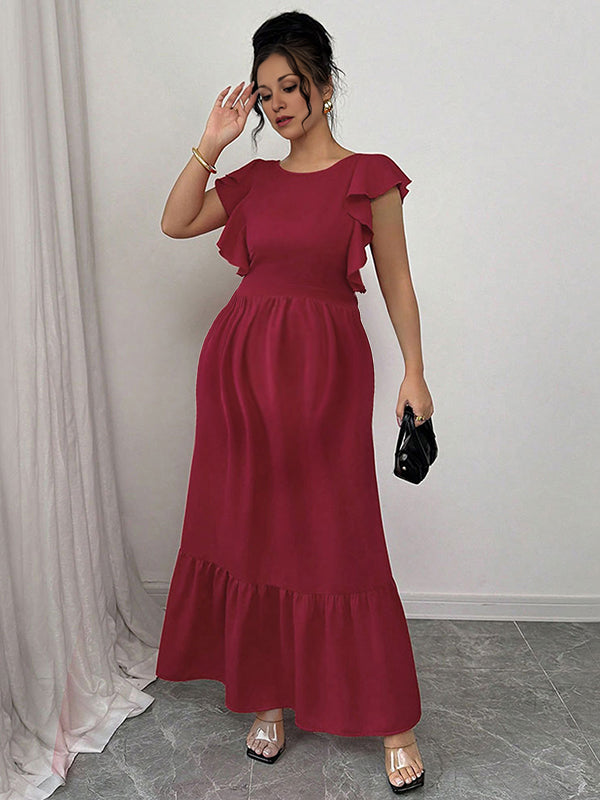 Robe longue grossesse nœud papillon dos nu volants fendu le côté rouge