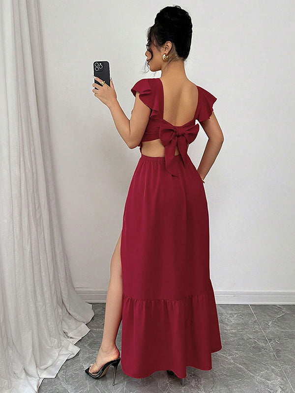 Robe longue grossesse nœud papillon dos nu volants fendu le côté rouge