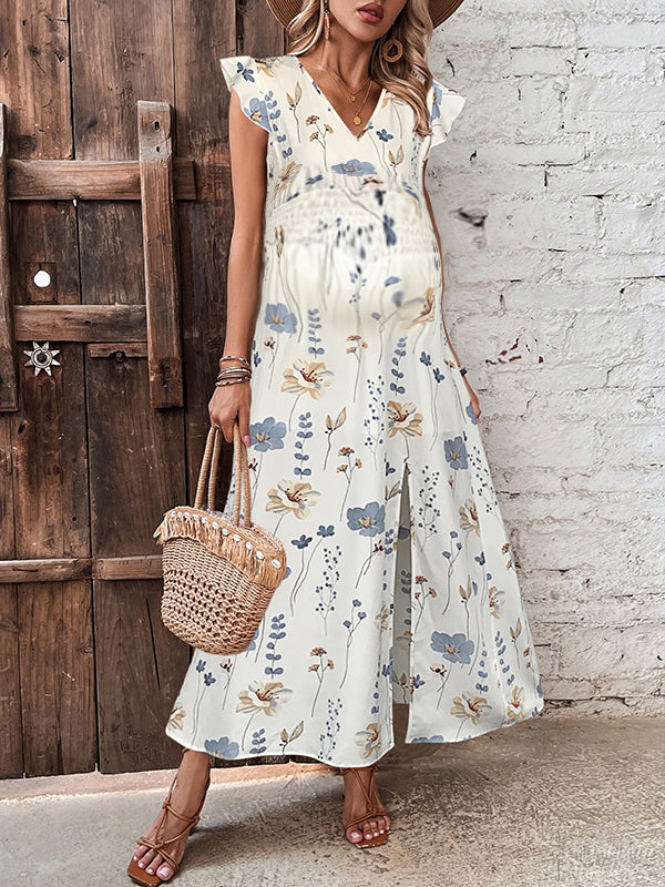 Robes longue grossesse imprimé fleurie fendu le côté volants blanche