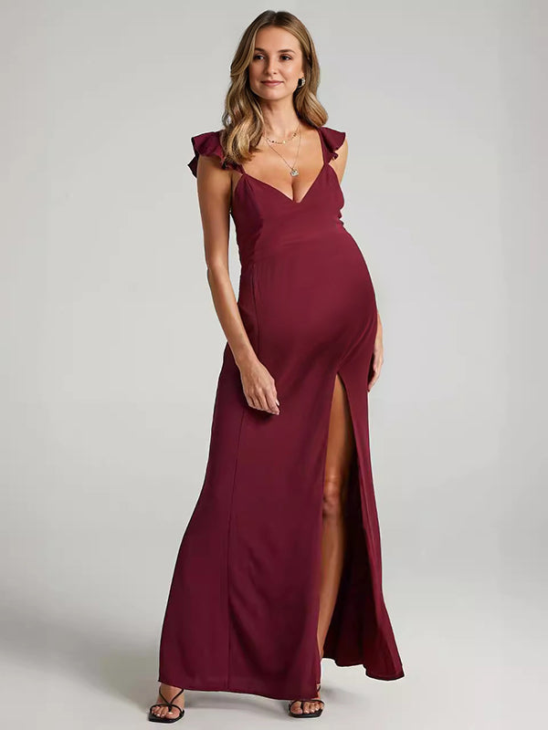 Robes longue grossesse strap fendu le côté bordeaux