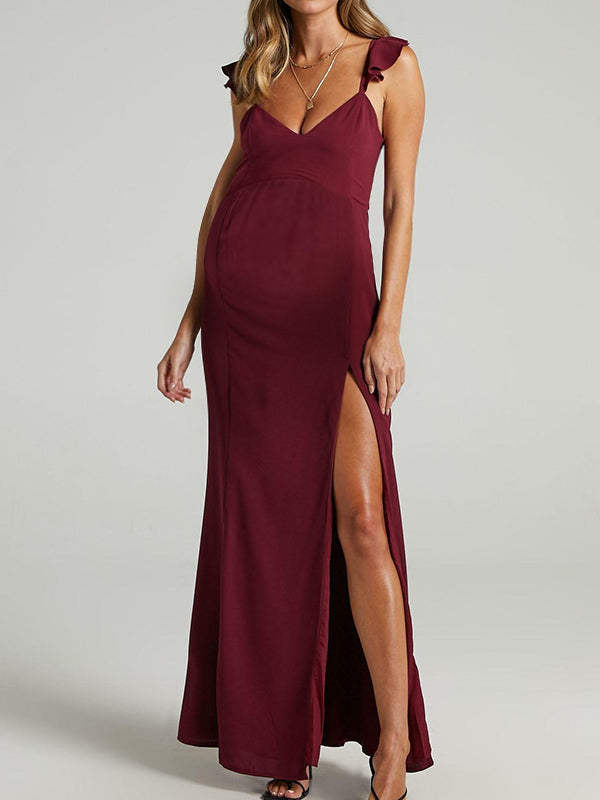Robes longue grossesse strap fendu le côté bordeaux