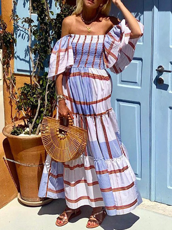 Robe longue grossesse rayé volants trapèze fluide bleu
