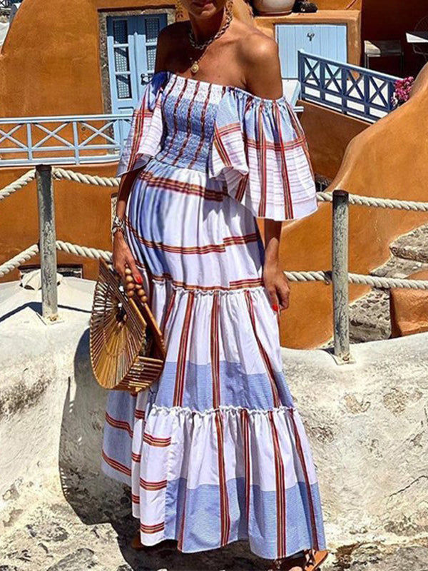 Robe longue grossesse rayé volants trapèze fluide bleu