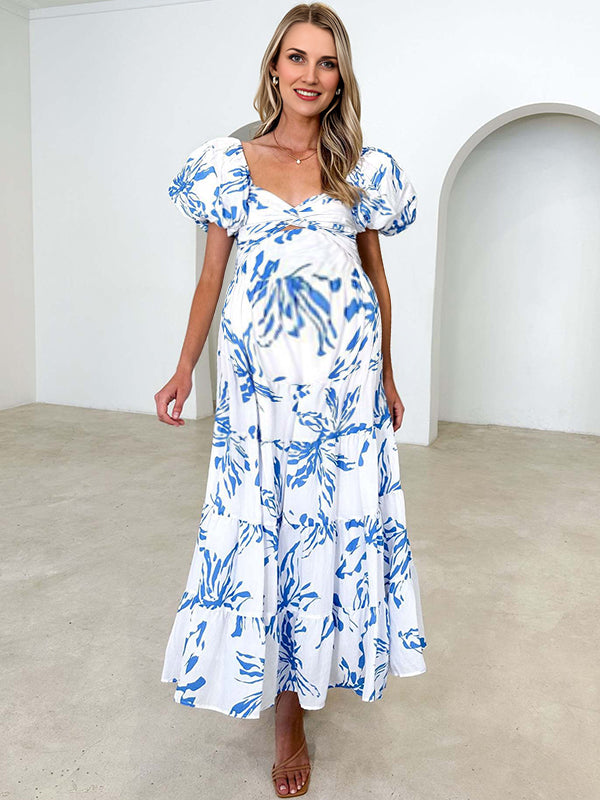 Robes longue imprimé fleurie grossesse fermeture éclair bleu
