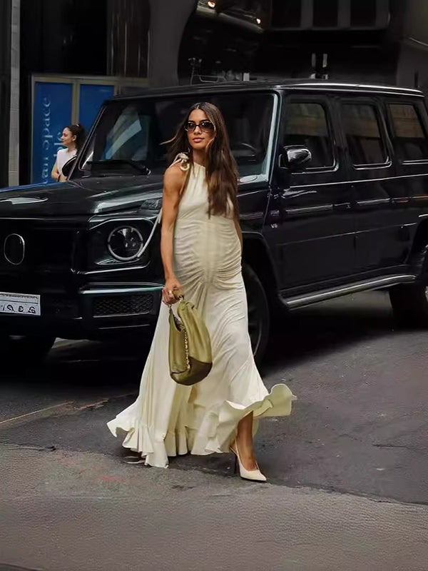 Robes longue grossesse plissé licou ruban beige