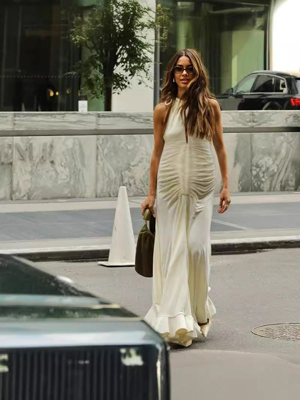 Robes longue grossesse plissé licou ruban beige