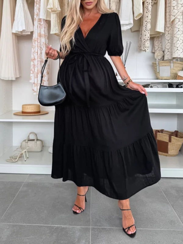 Robe longue grossesse ceinture volants fluide noir