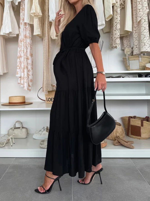 Robe longue grossesse ceinture volants fluide noir