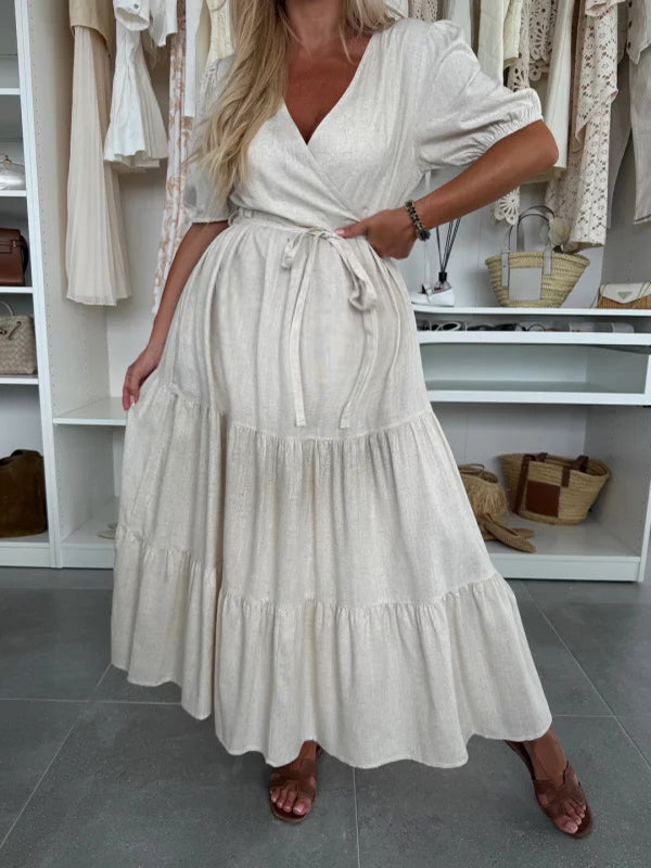 Robe longue grossesse ceinture volants fluide blanche