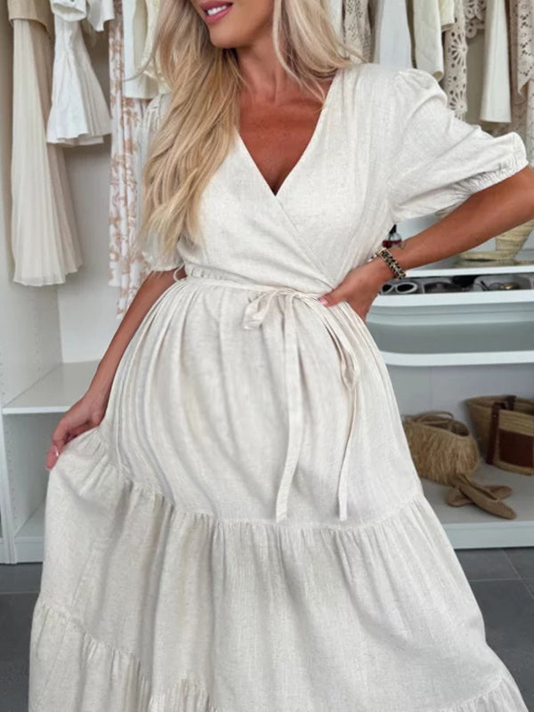 Robe longue grossesse ceinture volants fluide blanche