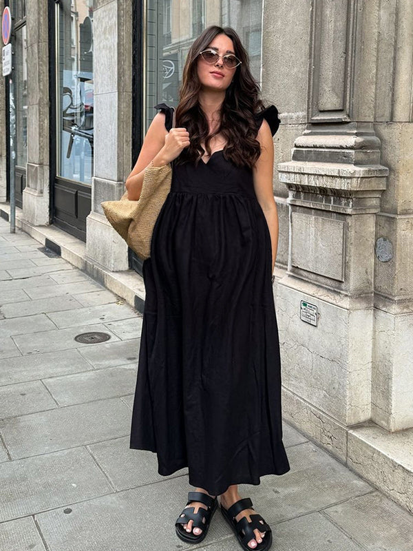 Robe longue grossesse volants fluide dos nu noir