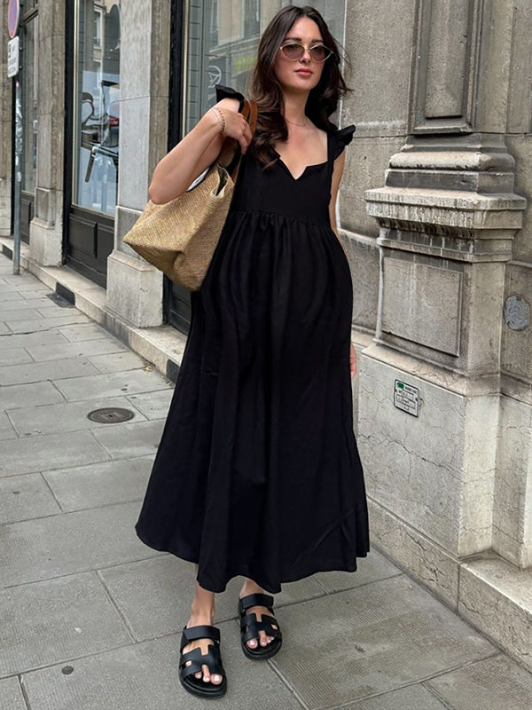 Robe longue grossesse volants fluide dos nu noir