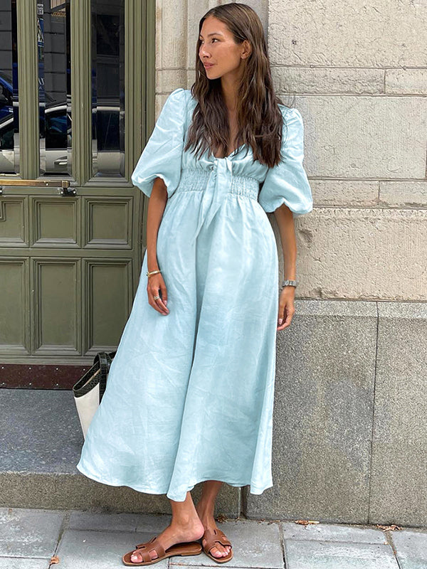 Robe longue grossesse nœud papillon fluide trapèze bleu clair