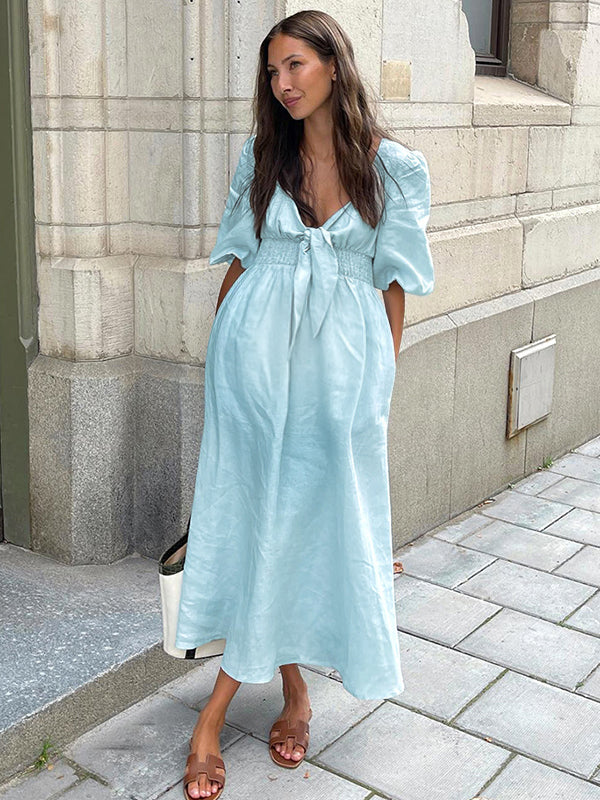 Robe longue grossesse nœud papillon fluide trapèze bleu clair