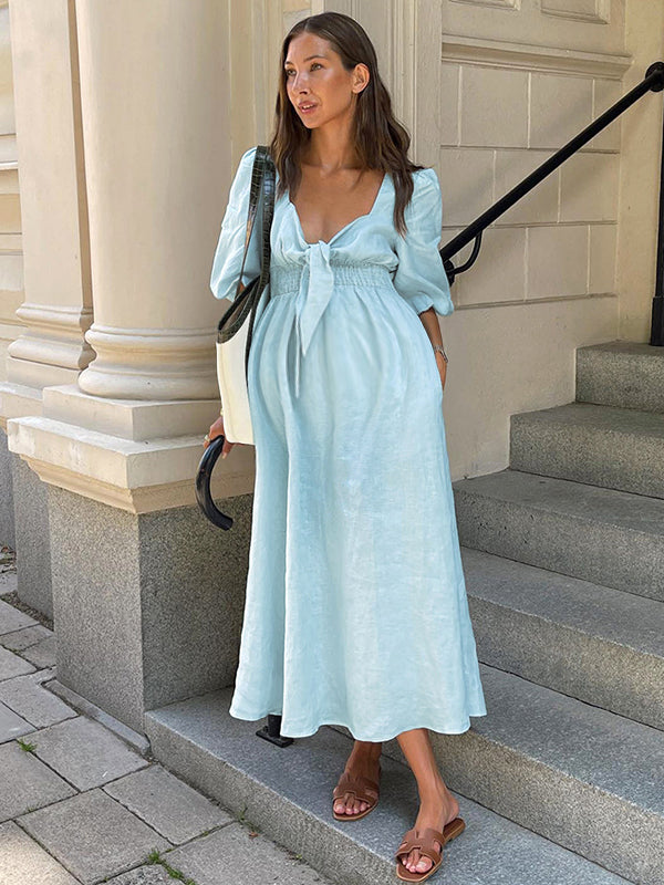 Robe longue grossesse nœud papillon fluide trapèze bleu clair