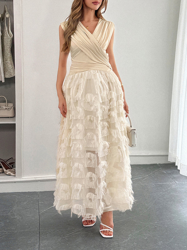 Robe longue grossesse poilu frange plissé abricot