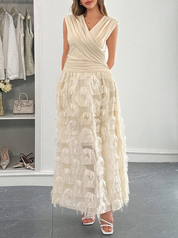 Robe longue grossesse poilu frange plissé abricot