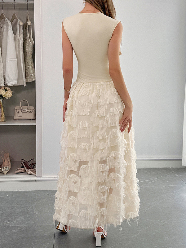 Robe longue grossesse poilu frange plissé abricot