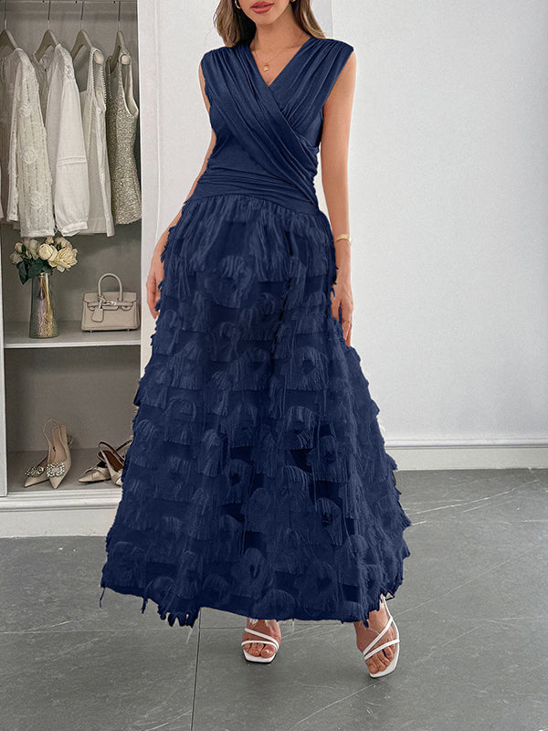 Robe longue grossesse poilu frange plissé bleu saphir