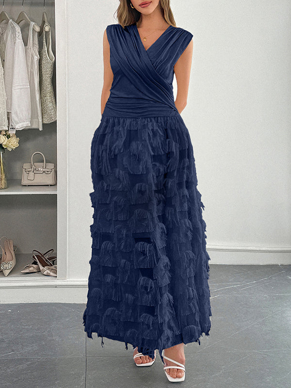Robe longue grossesse poilu frange plissé bleu saphir