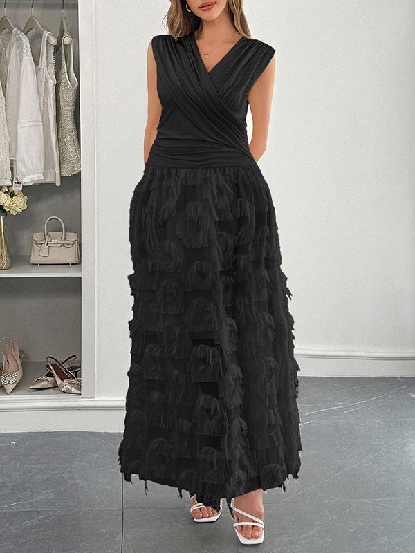 Robe longue grossesse poilu frange plissé noir