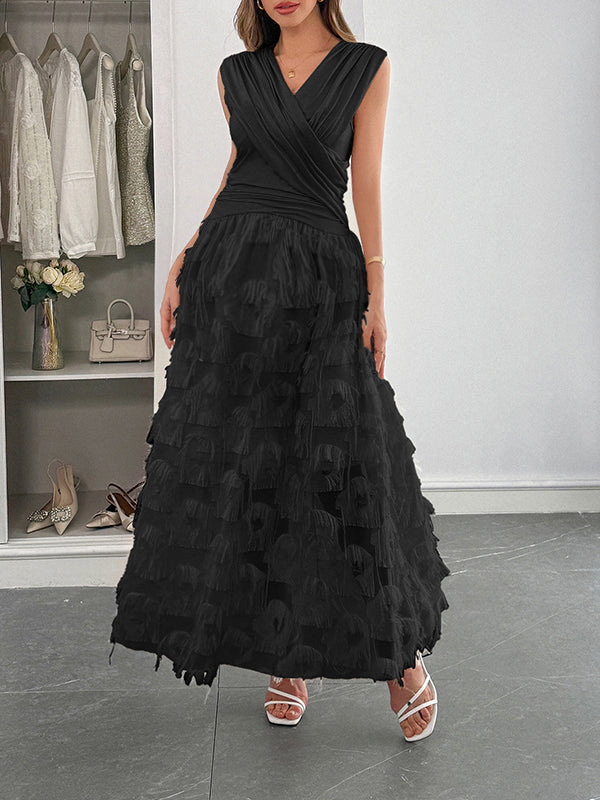 Robe longue grossesse poilu frange plissé noir