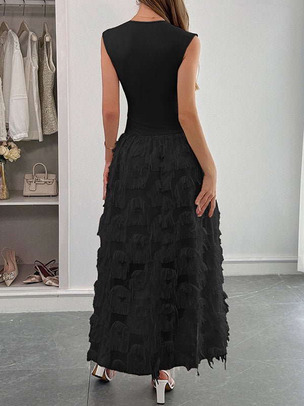 Robe longue grossesse poilu frange plissé noir