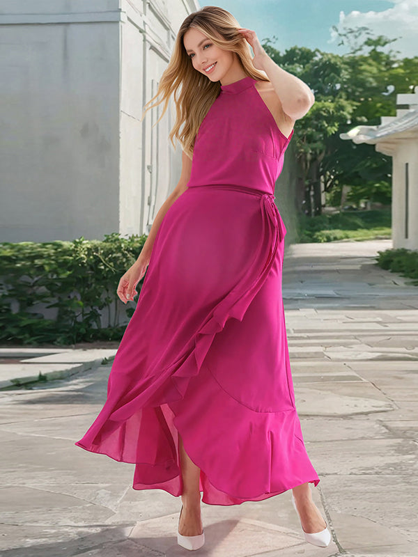 Robe longue grossesse ceinture volants fendu le côté rose framboise