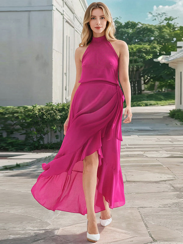 Robe longue grossesse ceinture volants fendu le côté rose framboise