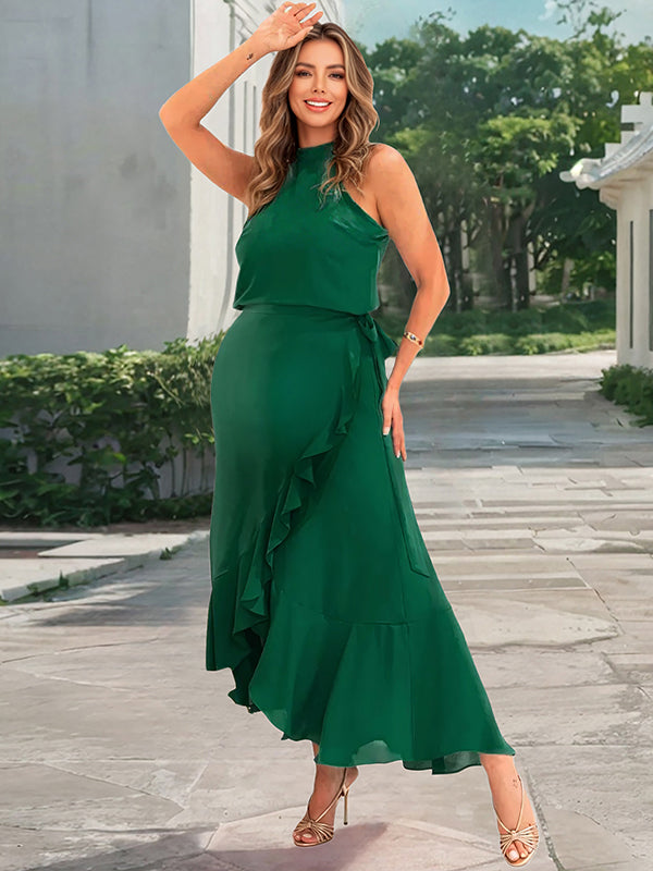Robe longue grossesse ceinture volants fendu le côté vert