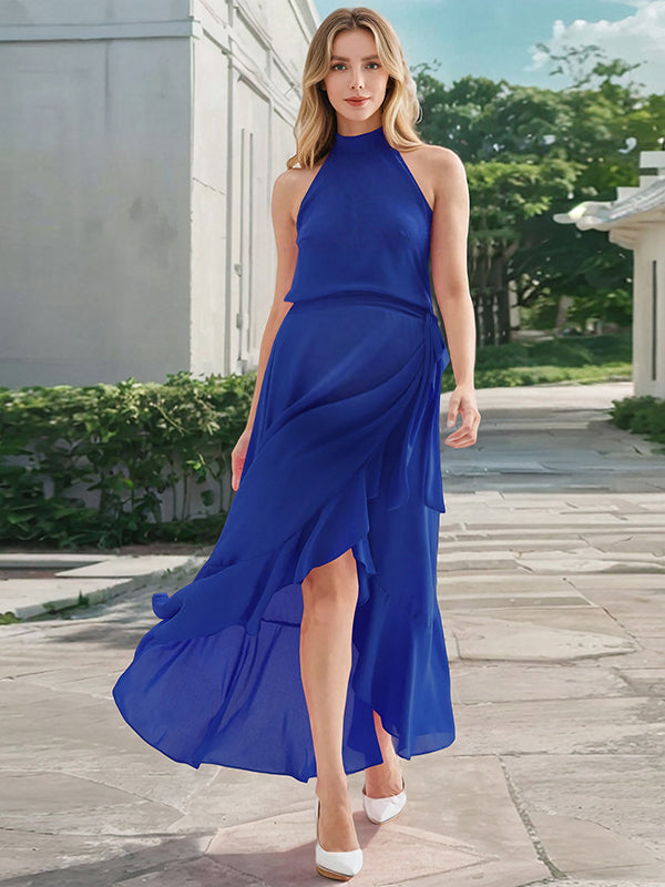 Robe longue grossesse ceinture volants fendu le côté bleu