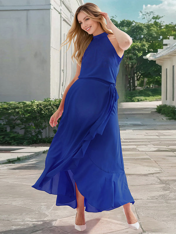 Robe longue grossesse ceinture volants fendu le côté bleu