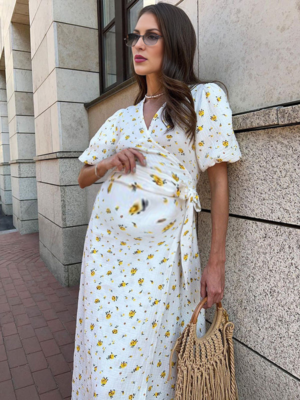 Robes longue grossesse imprimé fleurie ceinture trapèze jaune