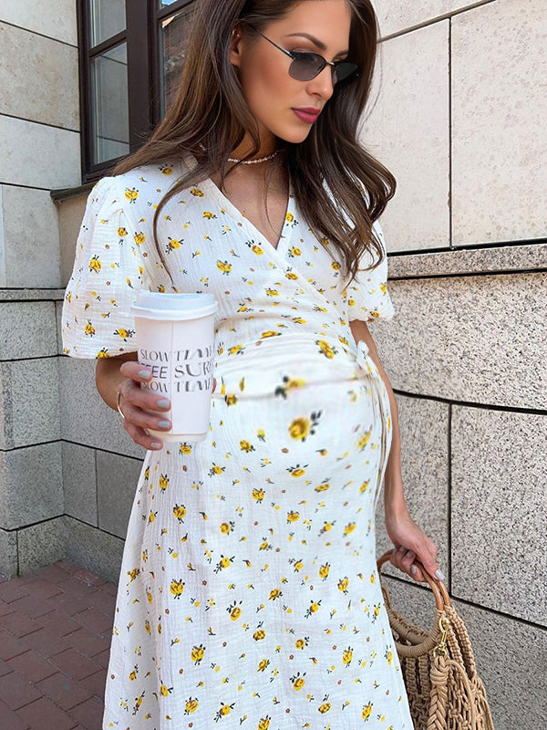 Robes longue grossesse imprimé fleurie ceinture trapèze jaune