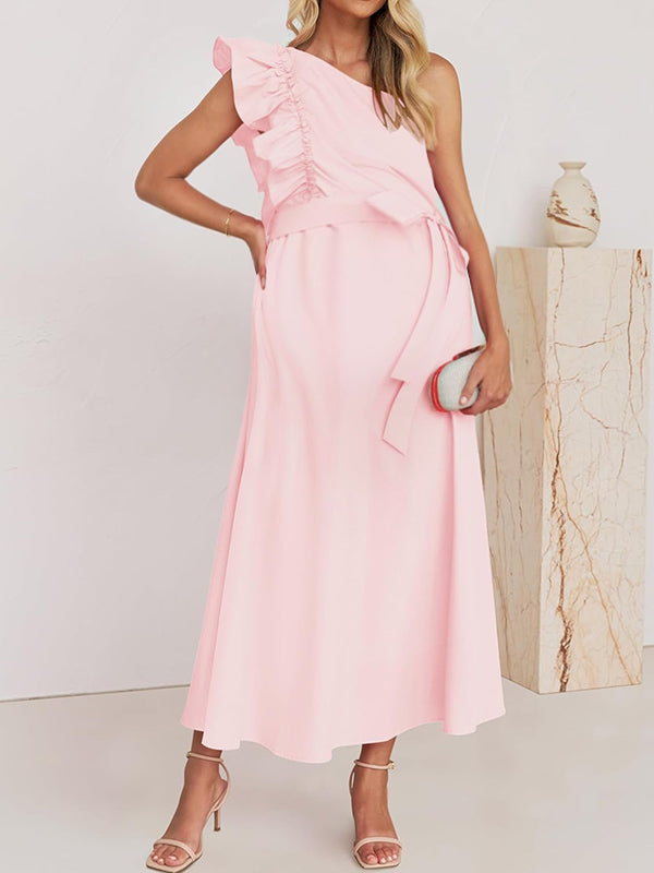 Robes longue grossesse nœud papillon ceinture ruchés froncées rose