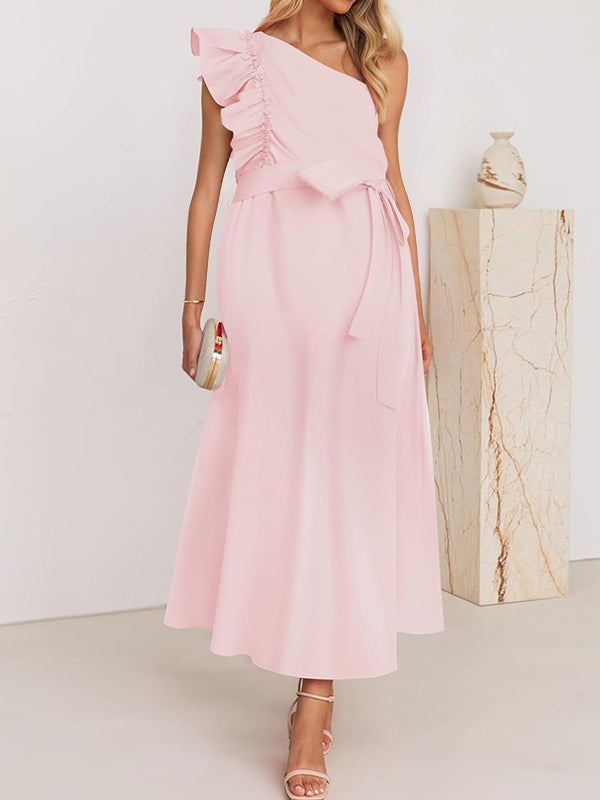 Robes longue grossesse nœud papillon ceinture ruchés froncées rose