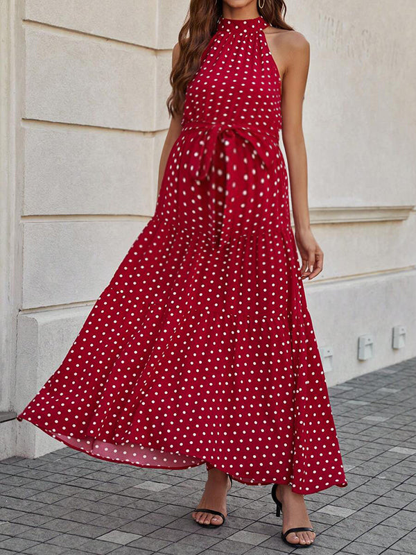 Robes longue pois grossesse plissé nœud papillon rouge