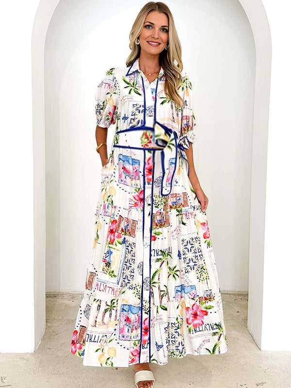 Robe longue grossesse imprimé fleurie ceinture blanche