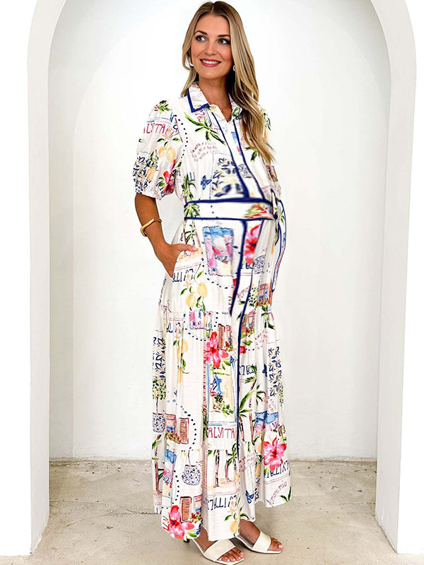 Robe longue grossesse imprimé fleurie ceinture blanche