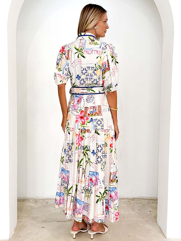 Robe longue grossesse imprimé fleurie ceinture blanche