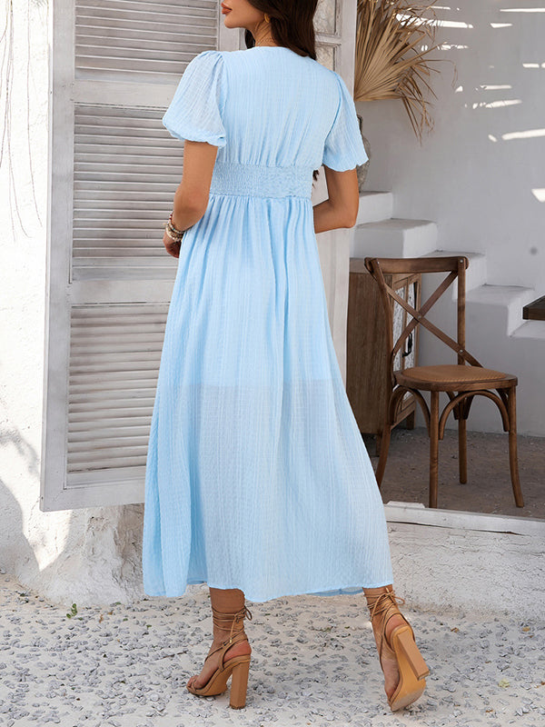 Robe longue grossesse boutonnage trapèze bleu ciel