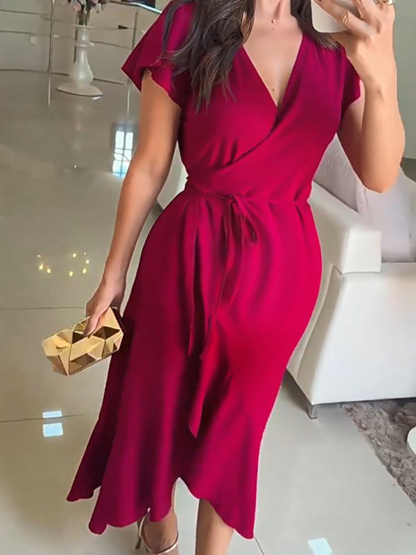 Robe longue grossesse ceinture volants fendu le côté rouge