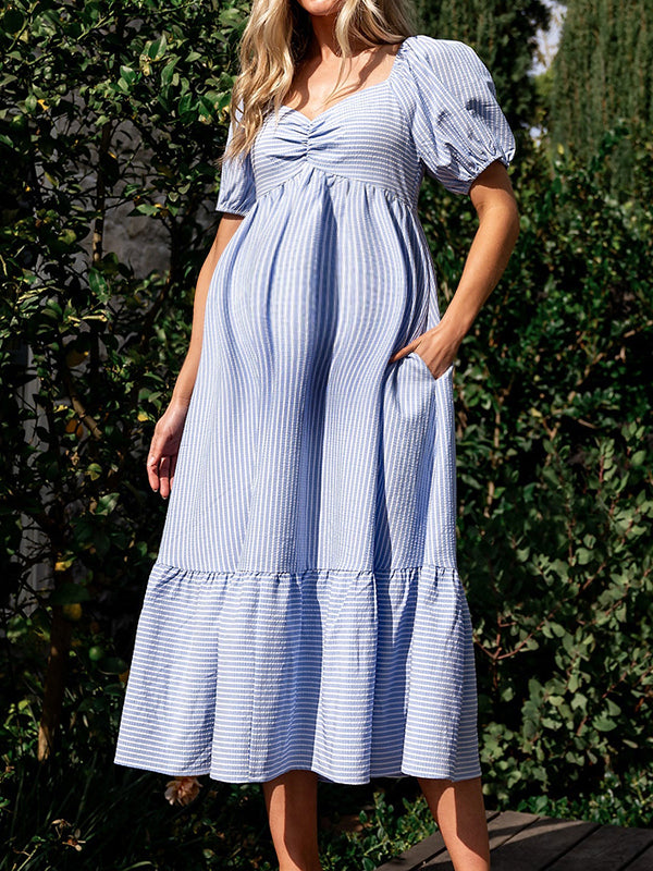 Robe longue grossesse volants fluide bleu