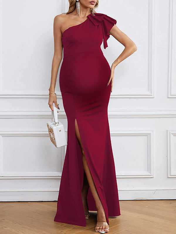 Robe longue grossesse volants fendu le côté asymétrique rouge