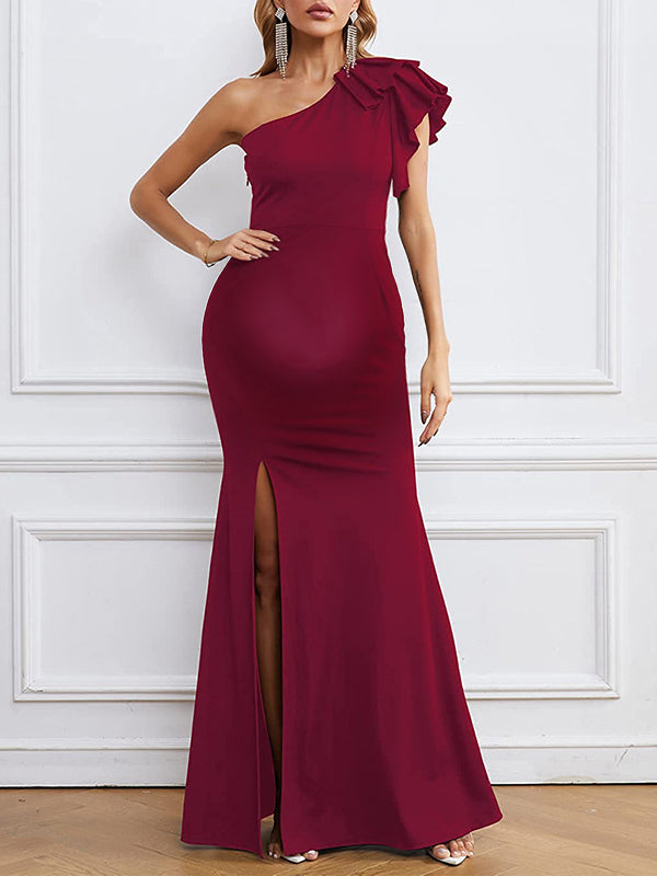 Robe longue grossesse volants fendu le côté asymétrique rouge
