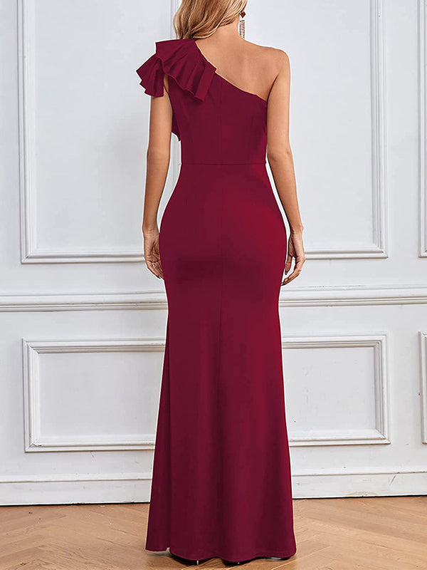 Robe longue grossesse volants fendu le côté asymétrique rouge