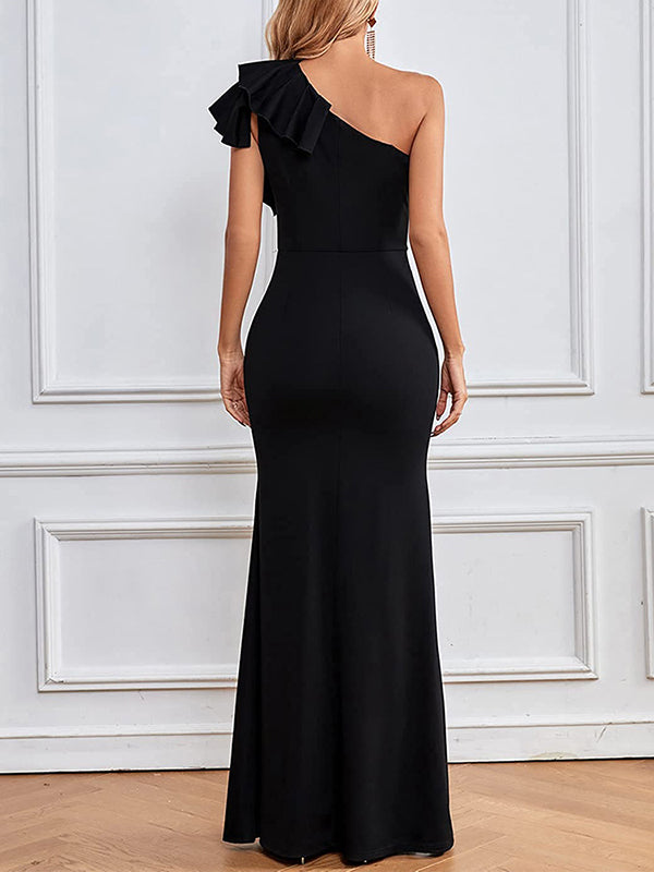 Robe longue grossesse volants fendu le côté asymétrique noir