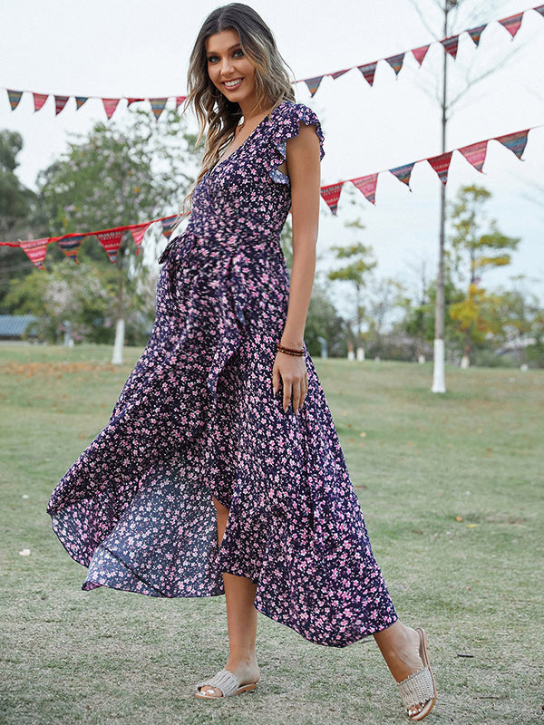 Robe longue grossesse imprimé fleurie volants fendu le côté bleu marine