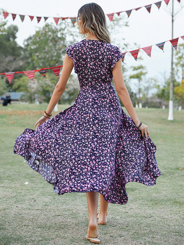 Robe longue grossesse imprimé fleurie volants fendu le côté bleu marine
